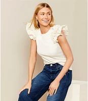 Gibson & Latimer Ribbed Knit Crew Neck Contrasting Poplin Ruffled Short Sleeve Top