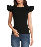 Gibson & Latimer Ribbed Knit Crew Neck Contrasting Poplin Ruffled Short Sleeve Top