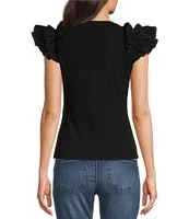 Gibson & Latimer Ribbed Knit Crew Neck Contrasting Poplin Ruffled Short Sleeve Top