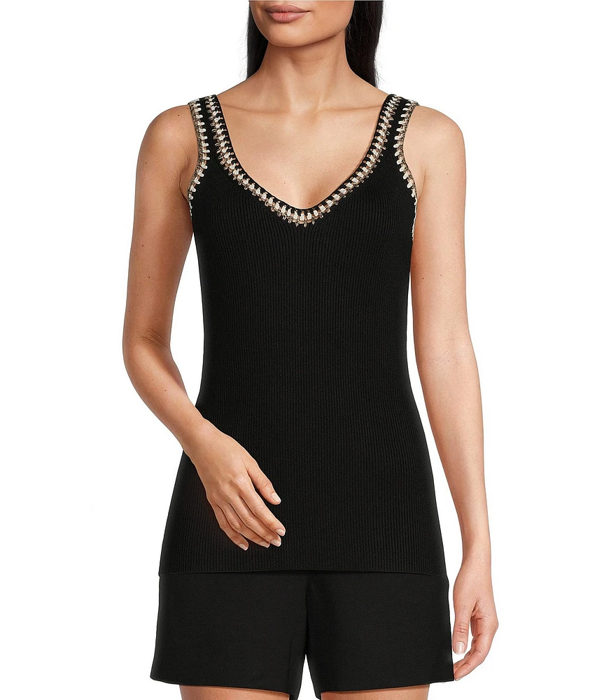 Gibson & Latimer Ribbed Knit Crochet V-Neck Sleeveless Tank Top
