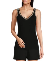 Gibson & Latimer Ribbed Knit Crochet V-Neck Sleeveless Tank Top