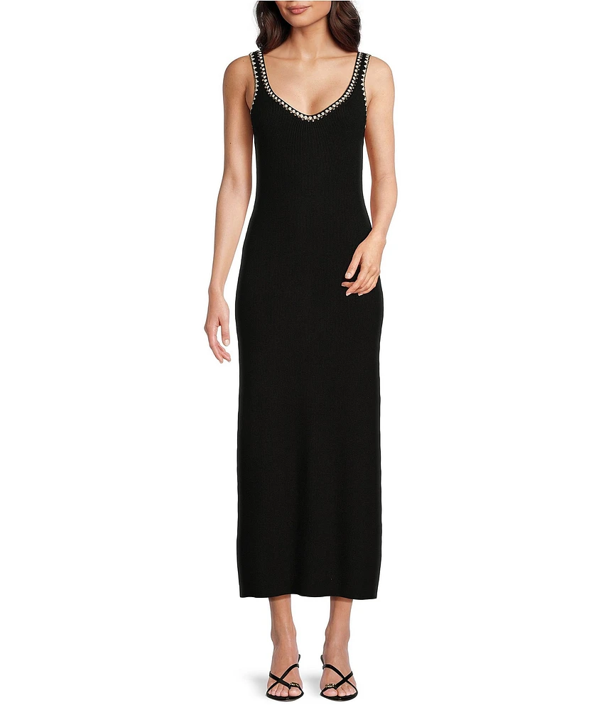 Gibson & Latimer Ribbed Knit Crochet V-Neck Tank Strap Bodycon Midi Dress