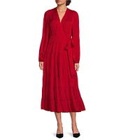 Gibson & Latimer Moonshadow Satin Surplice V-Neck Long Blouson Sleeve Wrap Tie at Waist A-Line Midi Dress