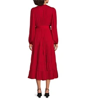 Gibson & Latimer Moonshadow Satin Surplice V-Neck Long Blouson Sleeve Wrap Tie at Waist A-Line Midi Dress