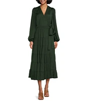 Gibson & Latimer Moonshadow Satin Surplice V-Neck Long Blouson Sleeve Wrap Tie at Waist A-Line Midi Dress