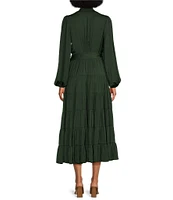 Gibson & Latimer Moonshadow Satin Surplice V-Neck Long Blouson Sleeve Wrap Tie at Waist A-Line Midi Dress