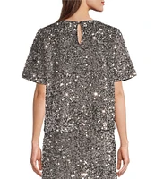 Gibson & Latimer Sequin Knit Round Neck Dropped Short Sleeve Back Keyhole Cropped Coordinating Tee Shirt