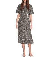 Gibson & Latimer Sequin Knit Round Neck Dropped Short Sleeve Back Keyhole Cropped Coordinating Tee Shirt