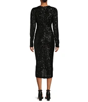 Gibson & Latimer Sequin V Neck Long Puff Sleeve Ruched Bodycon Midi Dress