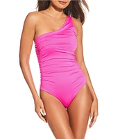 Gibson & Latimer Solid Shirred One Shoulder One Piece Swimsuit