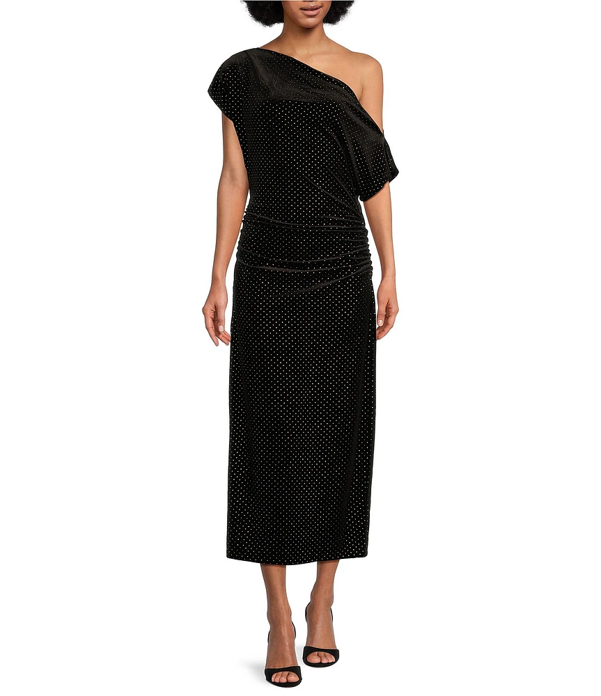 Gibson & Latimer Studded Knit Velvet Asymmetric One Off-the-Shoulder Short Sleeve Ruched Midi Dress