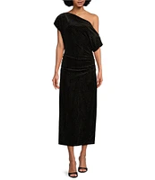 Gibson & Latimer Studded Knit Velvet Asymmetric One Off-the-Shoulder Short Sleeve Ruched Midi Dress