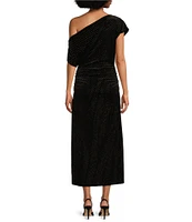 Gibson & Latimer Studded Knit Velvet Asymmetric One Off-the-Shoulder Short Sleeve Ruched Midi Dress