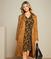 Gibson & Latimer Faux Suede Notch Lapel Storm Flap Long Sleeve Belted Trench Coat