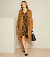 Gibson & Latimer Faux Suede Notch Lapel Storm Flap Long Sleeve Belted Trench Coat