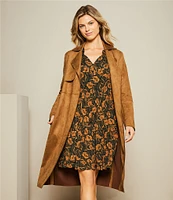 Gibson & Latimer Faux Suede Notch Lapel Storm Flap Long Sleeve Belted Trench Coat