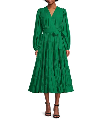 Gibson & Latimer Tiered Long Sleeve Tie Waist Wrap Midi Dress