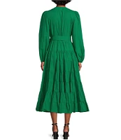 Gibson & Latimer Woven Poplin V-Neck Long Blouson Sleeve Tie at Side Wrap A-Line Flounce Midi Dress