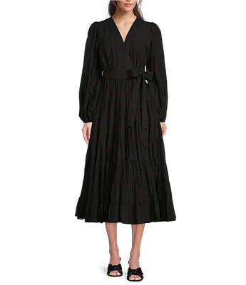 Gibson & Latimer Woven Poplin V-Neck Long Blouson Sleeve Tie at Side Wrap A-Line Flounce Midi Dress