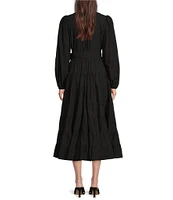 Gibson & Latimer Woven Poplin V-Neck Long Blouson Sleeve Tie at Side Wrap A-Line Flounce Midi Dress