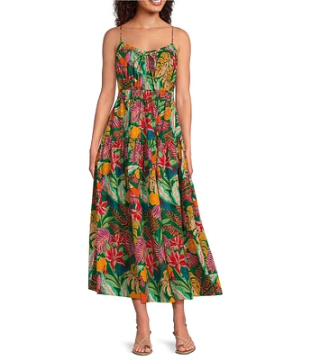 Gibson & Latimer Tropical Print Woven Scoop Tie Neck Spaghetti Strap Shirred Bodice Drop Waist A-Line Flounce Maxi Dress