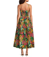 Gibson & Latimer Tropical Print Woven Scoop Tie Neck Spaghetti Strap Shirred Bodice Drop Waist A-Line Flounce Maxi Dress