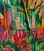 Gibson & Latimer Tropical Print Woven Scoop Tie Neck Spaghetti Strap Shirred Bodice Drop Waist A-Line Flounce Maxi Dress
