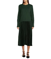 Gibson & Latimer Twofer Long Sleeve Crew Neck Pleated Midi Dress