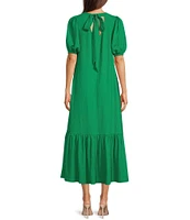 Gibson & Latimer Crepe Waffle Knit V-Neck Tie Back Detail Puffed Short Sleeve Tiered A-Line Flounce Midi Dres