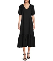 Gibson & Latimer Crepe Waffle Knit V-Neck Tie Back Detail Puffed Short Sleeve Tiered A-Line Flounce Midi Dres