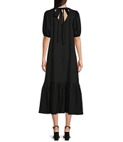 Gibson & Latimer Crepe Waffle Knit V-Neck Tie Back Detail Puffed Short Sleeve Tiered A-Line Flounce Midi Dres