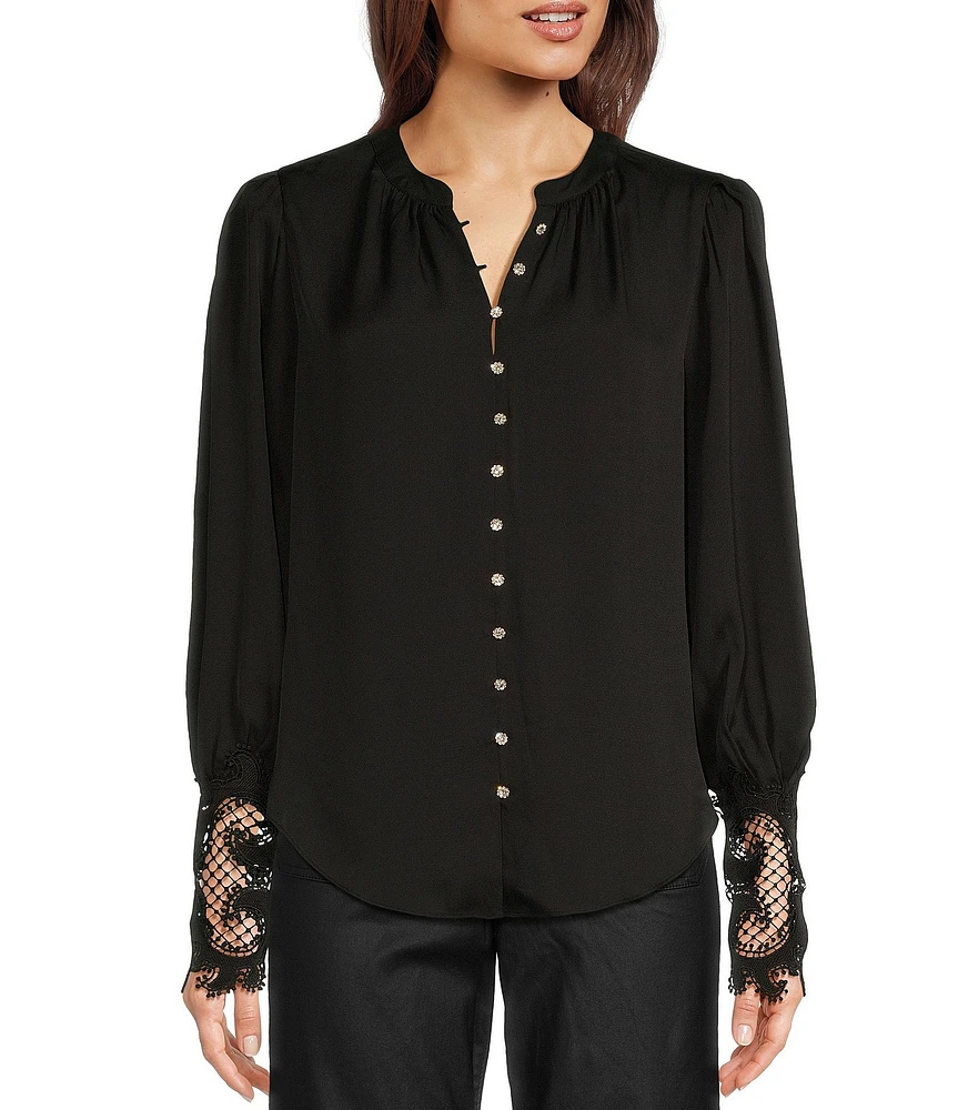 Gibson & Latimer Woven Crepe de Chine Ruched Band Collar Long Peasant Lace Cuff Sleeve Embellished Button Front Blouse