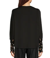 Gibson & Latimer Woven Crepe de Chine Ruched Band Collar Long Peasant Lace Cuff Sleeve Embellished Button Front Blouse