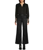 Gibson & Latimer Woven Crepe de Chine Ruched Band Collar Long Peasant Lace Cuff Sleeve Embellished Button Front Blouse