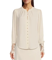 Gibson & Latimer Woven Crepe de Chine Ruched Band Collar Long Peasant Lace Cuff Sleeve Embellished Button Front Blouse