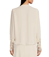 Gibson & Latimer Woven Crepe de Chine Ruched Band Collar Long Peasant Lace Cuff Sleeve Embellished Button Front Blouse