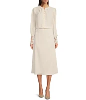 Gibson & Latimer Woven Crepe de Chine Ruched Band Collar Long Peasant Lace Cuff Sleeve Embellished Button Front Blouse