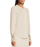 Gibson & Latimer Woven Crepe de Chine Ruched Band Collar Long Peasant Lace Cuff Sleeve Embellished Button Front Blouse