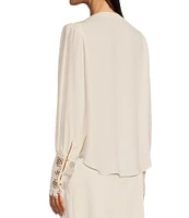 Gibson & Latimer Woven Crepe de Chine Ruched Band Collar Long Peasant Lace Cuff Sleeve Embellished Button Front Blouse