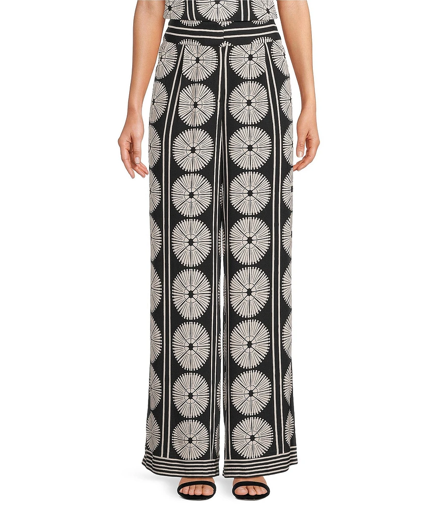 Gibson & Latimer Woven Fan Print High Rise Wide Leg Full Length Coordinating Pants