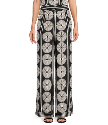 Gibson & Latimer Woven Fan Print High Rise Wide Leg Full Length Coordinating Pants