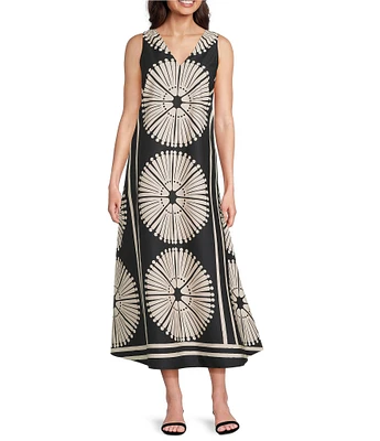 Gibson & Latimer Woven Fan Print V-Neck Sleeveless A-Line Flounce Maxi Dress
