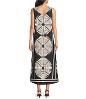 Gibson & Latimer Woven Fan Print V-Neck Sleeveless A-Line Flounce Maxi Dress