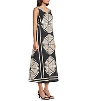 Gibson & Latimer Woven Fan Print V-Neck Sleeveless A-Line Flounce Maxi Dress
