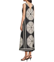 Gibson & Latimer Woven Fan Print V-Neck Sleeveless A-Line Flounce Maxi Dress