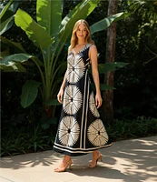 Gibson & Latimer Woven Fan Print V-Neck Sleeveless A-Line Flounce Maxi Dress