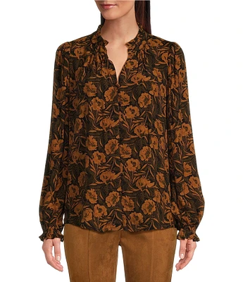 Gibson & Latimer Woven Floral Print Ruffle Collar Split V-Neck Long Peasant Sleeve Button Front Blouse