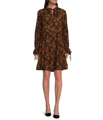 Gibson & Latimer Woven Floral Print Split Tie Neck Long Raglan Sleeve Above the Knee Flounce Dress