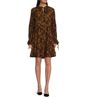 Gibson & Latimer Woven Floral Print Split Tie Neck Long Raglan Sleeve Above the Knee Flounce Dress