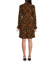 Gibson & Latimer Woven Floral Print Split Tie Neck Long Raglan Sleeve Above the Knee Flounce Dress